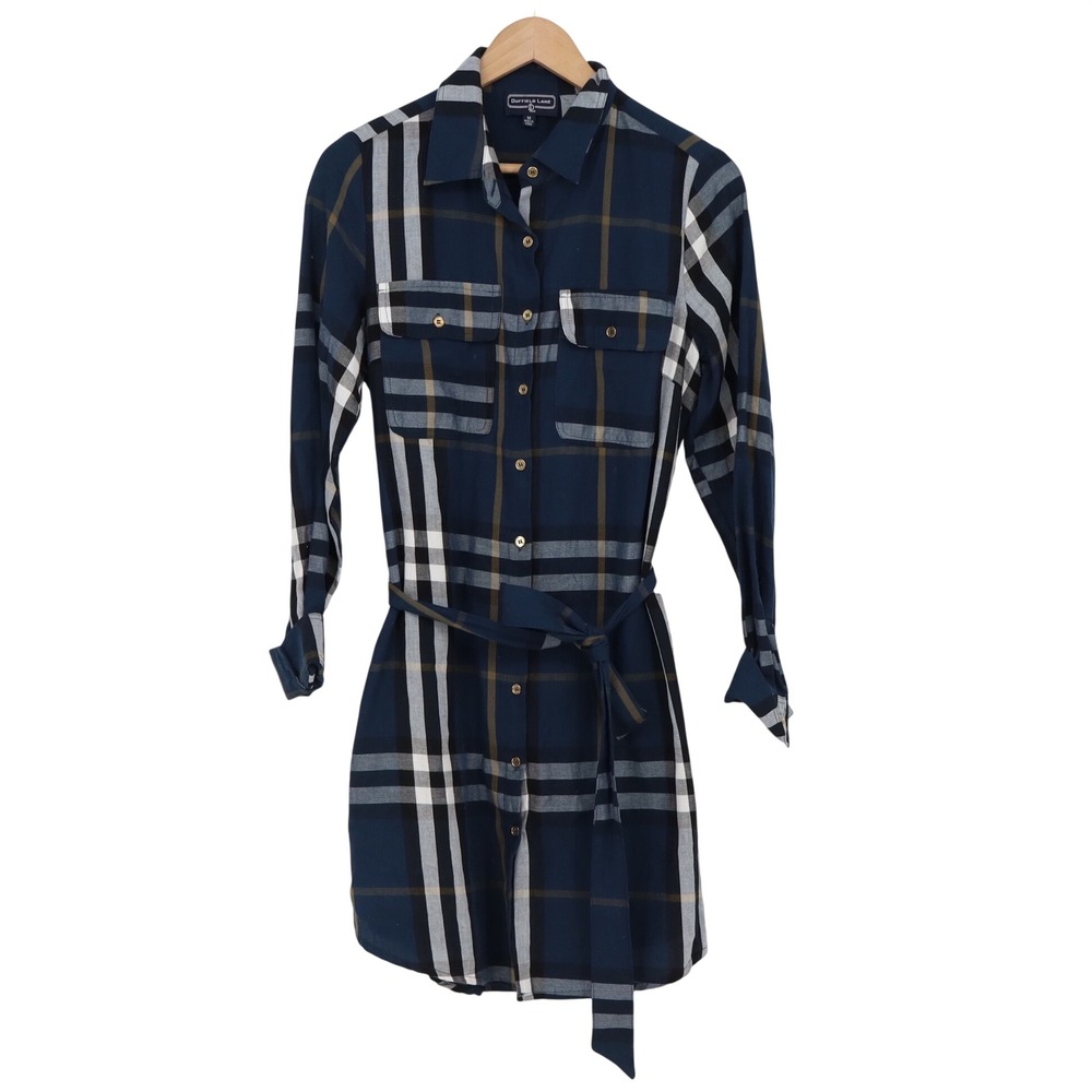 Duffield Lane Shirt Dress Womens M Navy Plaid Belted Button Down Excellent